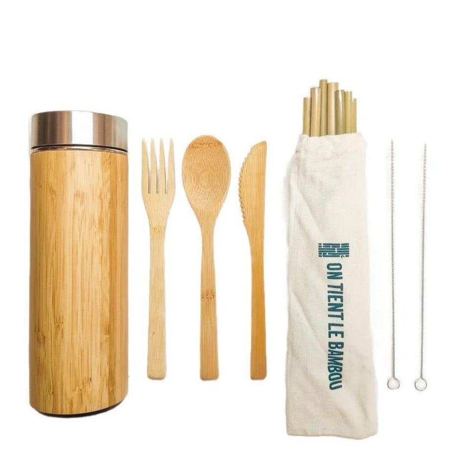 Thermos en Bambou, couvert en bambou, paille en bambou, kit, zéro waste, zéro déchet, eco-trendy